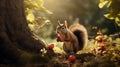 squirrel gathering acorns in a park