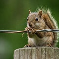 A squirrel gnaws on an electric wire on a pole. Royalty Free Stock Photo