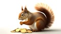 squirrel with gold coins on white background