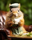 squirrel hat drink coffe in autumn forest Royalty Free Stock Photo
