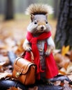 squirrel hat drink coffe in autumn forest Royalty Free Stock Photo