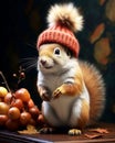 squirrel hat drink coffe in autumn forest Royalty Free Stock Photo