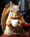 squirrel hat drink coffe in autumn forest Royalty Free Stock Photo