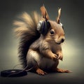 Squirrel with headphones on a gray background. 3D rendering.