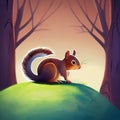 squirrel on a hil in the forest, cartoon art, ai generated image