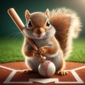 Squirrel holding a baseball bat in the field