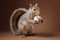 Squirrel Holding a Baseball on Brown Background, Generative AI