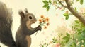 A squirrel holding a bouquet of flowers in its mouth, AI