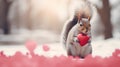 A squirrel holding a heart in the snow, AI