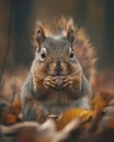 Squirrel Holding a Nut Amidst Autumn Leaves Royalty Free Stock Photo