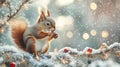 A squirrel holding a tiny nut gift, perched on a snowy tree branch Royalty Free Stock Photo