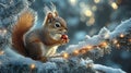 A squirrel holding a tiny nut gift, perched on a snowy tree branch Royalty Free Stock Photo