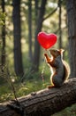 Cute Squirrel Holding Red Heart Balloon on Log in Forest for Special Valentine Day Royalty Free Stock Photo