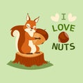 Squirrel hugging acorn and standing on wooden tree log with bark on grass banner vector illustration. Text I love nuts Royalty Free Stock Photo