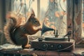 Squirrel inspecting an old phonograph, natural light, curiosity, retro ambiance , advertise photo