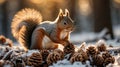 Adorable Red Squirrel Gathering Pine Cones in Snowy Winter Royalty Free Stock Photo