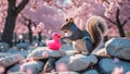 Adorable Squirrel and Pink Rubber Duck in Cherry Blossom Spring Royalty Free Stock Photo