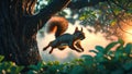 Red Squirrel Leaping Through Rain-Kissed Branches at Sunset Royalty Free Stock Photo
