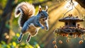 Agile Squirrel Leaping Towards Bird Feeder at Sunset Royalty Free Stock Photo