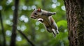 A squirrel leaps gracefully from a tree branch in a vibrant forest setting Royalty Free Stock Photo