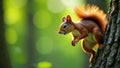 Squirrel leaps to a tree branch, claws gripping bark, closeup, speed, jump Royalty Free Stock Photo