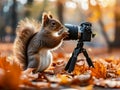 the squirrel looks into the camera lens left in the park. photographers day concept