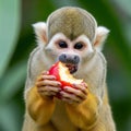 A squirrel monkey Saimiri sciureus is in focus, holding and biti Royalty Free Stock Photo