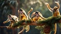 Squirrel Monkeys Group Posing on a Branch with Pine Cone in Forest Royalty Free Stock Photo