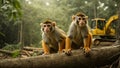 Squirrel Monkeys in their natural Amazon Rainforest Environment being destroyed by bulldozer, created with Generative AI Royalty Free Stock Photo