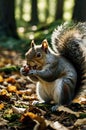 Squirrel Enjoying a Nut in a Forest Clearing with Sunlight Streaming Through the Trees Royalty Free Stock Photo