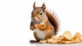 a squirrel munching on a bag of potato chips against a white background. Royalty Free Stock Photo