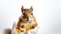 a squirrel munching on a bag of potato chips against a white background. Royalty Free Stock Photo