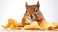 a squirrel munching on a bag of potato chips against a white background. Royalty Free Stock Photo