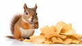 a squirrel munching on a bag of potato chips against a white background. Royalty Free Stock Photo