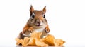 a squirrel munching on a bag of potato chips against a white background. Royalty Free Stock Photo