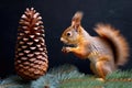 squirrel nibbling on a pine cone in tree Royalty Free Stock Photo
