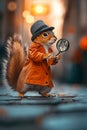 A squirrel in an orange coat and hat holding a magnifying glass Royalty Free Stock Photo