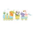 Squirrel, panda, flamingo and rhino ride a train. Vector illustration on a white background.