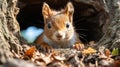 A squirrel peeking out of a hole in a tree. Generative AI.