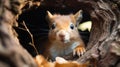 A squirrel peeking out of a hole in a tree. Generative AI.