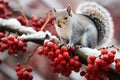 A squirrel perched on a branch, surrounded by snow-covered red berries. Royalty Free Stock Photo