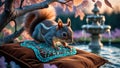 Adorable Squirrel Posing on Jewel-Toned Cushion near a Fountain at Sunset Royalty Free Stock Photo