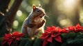 Adorable Red Squirrel Posing near Christmas Poinsettia Royalty Free Stock Photo