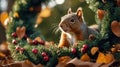 Adorable Red Squirrel on Autumnal Wreath Royalty Free Stock Photo