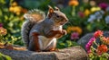 Adorable Red Squirrel Eating Nut in Vibrant Flower Garden Royalty Free Stock Photo