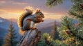 Squirrel Enjoying a Snack on a Tree Stump with a Beautiful Backdrop Royalty Free Stock Photo