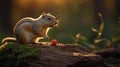 Golden-Mantled Ground Squirrel Contemplating a Tiny Red Pepper on a Mossy Log Royalty Free Stock Photo