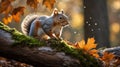 Squirrel Perched on Mossy Branch with Autumn Leaves in Beautiful Forest Light Royalty Free Stock Photo