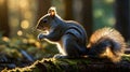 Squirrel Enjoying a Nut in Golden Sunlight on a moss-covered branch. Royalty Free Stock Photo
