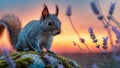 Adorable Grey Squirrel at Sunset with Lavender Royalty Free Stock Photo